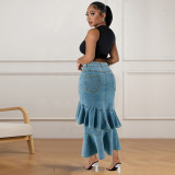 EVE Plus Size Ruffle Irregular Denim Long Skirt GDAM-218634