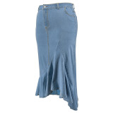 EVE Plus Size Fashion Denim Ruffle Irregular Skirt GDAM-218635