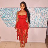 EVE Solid Color Tassel Halter Midi Dress CYA-901256