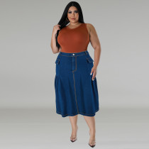 EVE Plus Size Casual Loose Solid Denim Half Body Skirt GDAM-218608