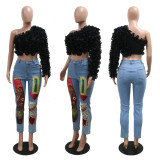EVE Solid Color Slant Shoulder Lotus Short Top CYA-CY901305