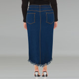EVE Plus Size Fashion Tassel Split Denim Long Skirt GDAM-218606