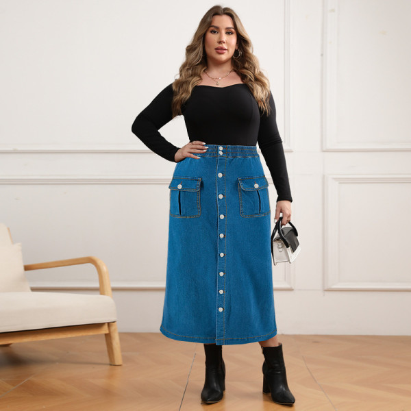 EVE Plus Size Denim Single Breasted Long Half-body Skirt GDAM-218609