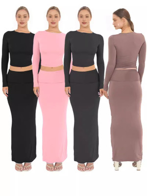 EVE Solid Color Long Sleeve Long Skirt 2 Piece Set MZ-WX001