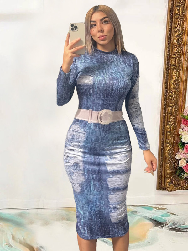 EVE Fashion Long Sleeve Faux Denim Printed Midi Dress CY-1089