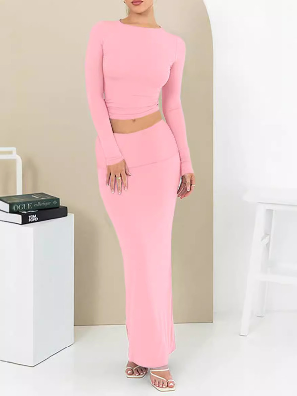 EVE Solid Color Long Sleeve Long Skirt 2 Piece Set MZ-WX001