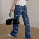 EVE Bow Printed Loose Denim Straight Leg Jeans GQLF-80000