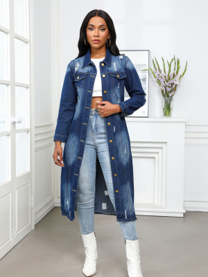EVE Long Ripped Denim Trench Coat Jacket GQDH-9932