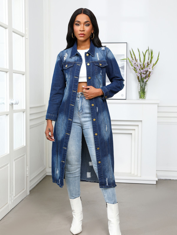 EVE Long Ripped Denim Trench Coat Jacket GQDH-9932