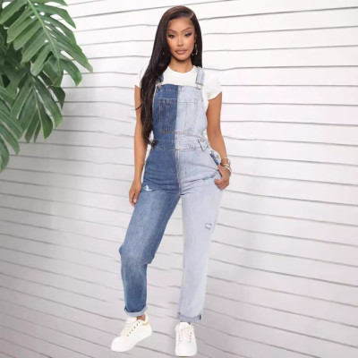 EVE Fashion Color Block Holes Denim Back Pants Jumpsuit GKNF-5523