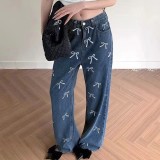 EVE Bow Printed Loose Denim Straight Leg Jeans GQLF-80000
