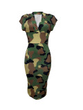 EVE V Neck Camouflage Print Sleeveless Midi Dress LSD-2145