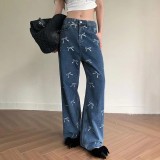 EVE Bow Printed Loose Denim Straight Leg Jeans GQLF-80000
