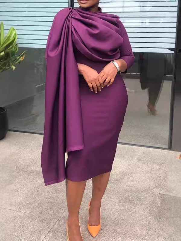 EVE Solid Color Half High Neck Irregular Midi Dress BGN-329