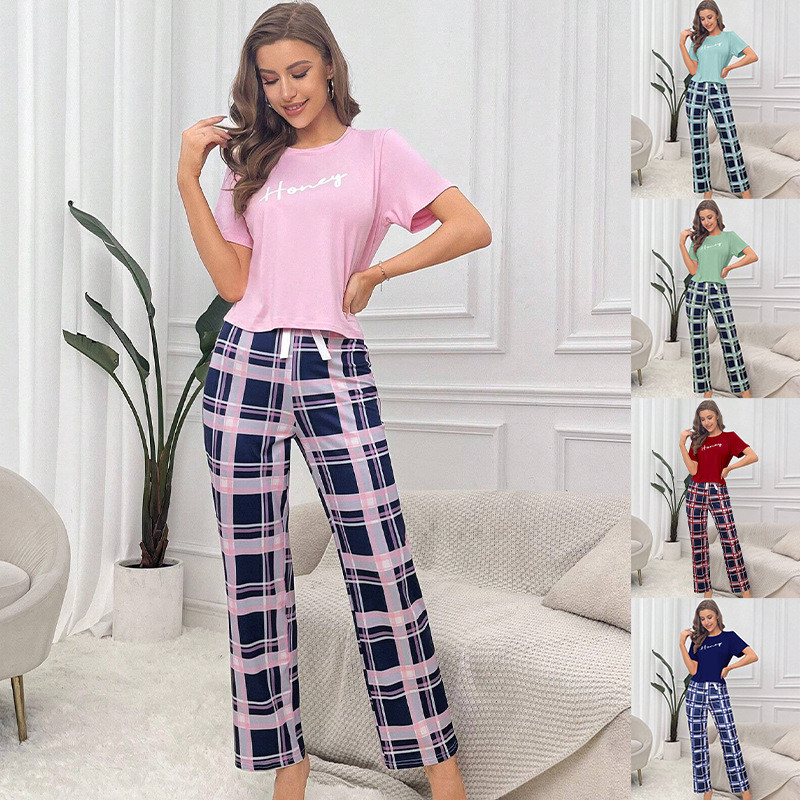 EVE Casual T Shirt And Plaid Pants Loungewear Pajama Set GLSY-w0284