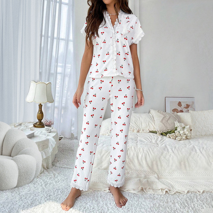 EVE Sexy V Neck Cherry Print Pajamas 2 Piece Pants Set GLSY-CF0004