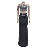EVE Sexy Hot Drill Sling Tops And Long Skirt 2 Piece Set BY-6972