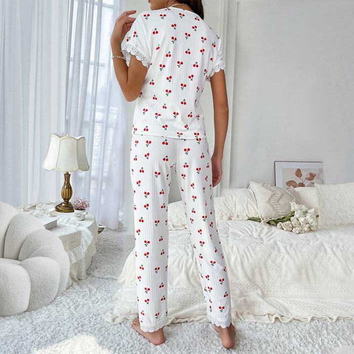 EVE Sexy V Neck Cherry Print Pajamas 2 Piece Pants Set GLSY-CF0004