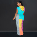 EVE Color Block Print Short Sleeve Drawstring Hooded Dress BY-6975