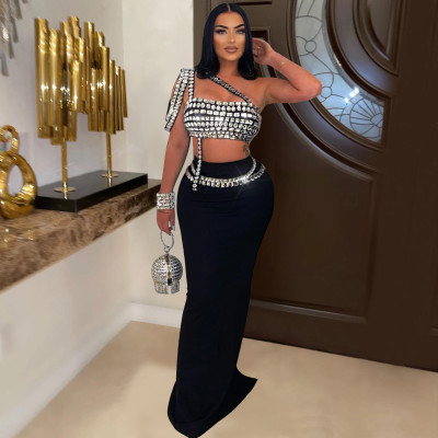 EVE Sexy Hot Drill Sling Tops And Long Skirt 2 Piece Set BY-6972