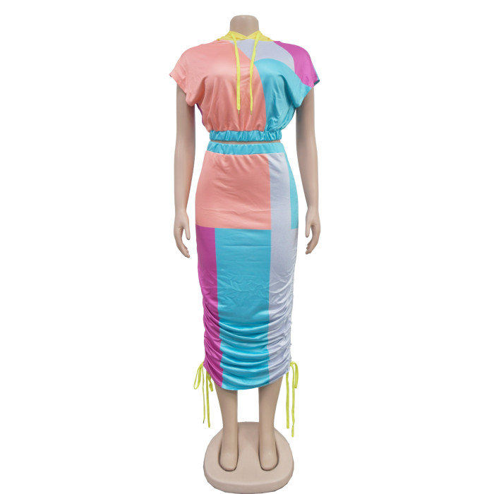 EVE Color Block Print Short Sleeve Drawstring Hooded Dress BY-6975