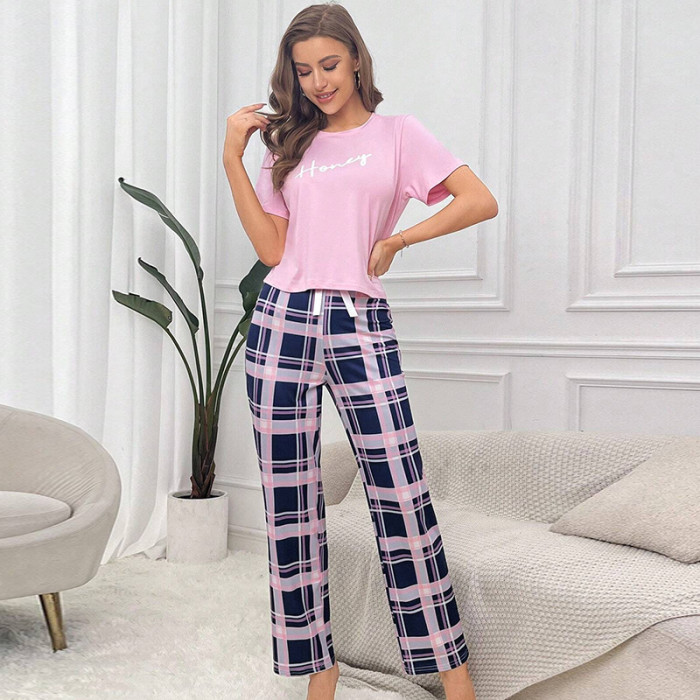 EVE Casual T Shirt And Plaid Pants Loungewear Pajama Set GLSY-w0284