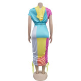 EVE Color Block Print Short Sleeve Drawstring Hooded Dress BY-6975