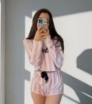 EVE Pink White Striped Pajamas Casual Loungewear Suit GLSY-W0259