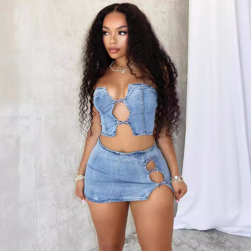 EVE Sexy Lacing Up Wrap Top Slit Skirt Denim 2 Piece Set GAKF-A40606