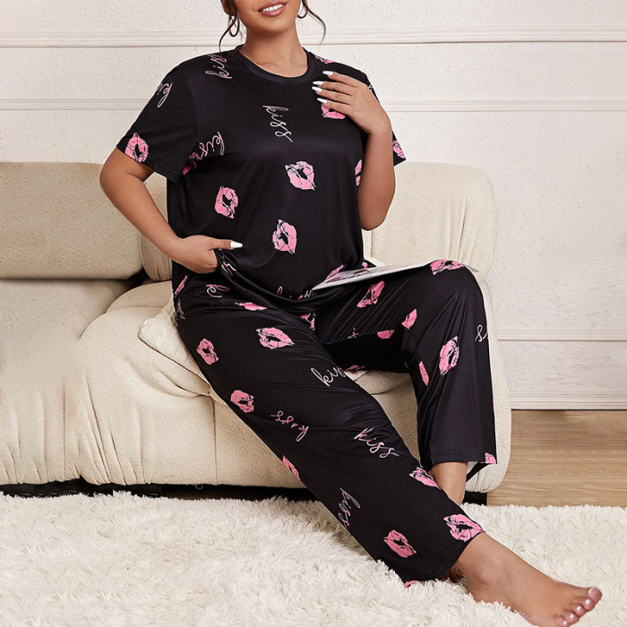 EVE Plus Size Cute Bear Printed T-Shirt Loose Pajamas Set GLSY-ZT0043