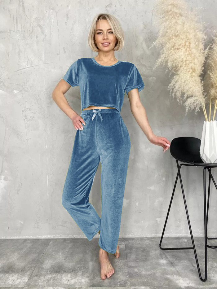 EVE Velvet Short Sleeve Long Pant Suit Pajamas Loungewear GLSY-10064