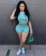 EVE Plus Size Vintage Printed Spliced Ribbed Short Sleeve Shorts Set GMOY-2342