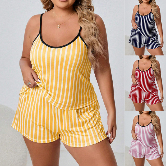 EVE Plus Size Stripe Print Sling Shorts Lounge Wear Pajama Set GLSY-ZT0035