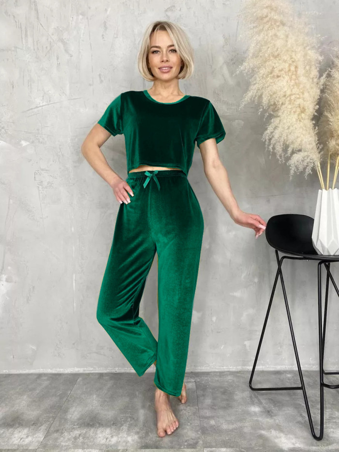 EVE Velvet Short Sleeve Long Pant Suit Pajamas Loungewear GLSY-10064