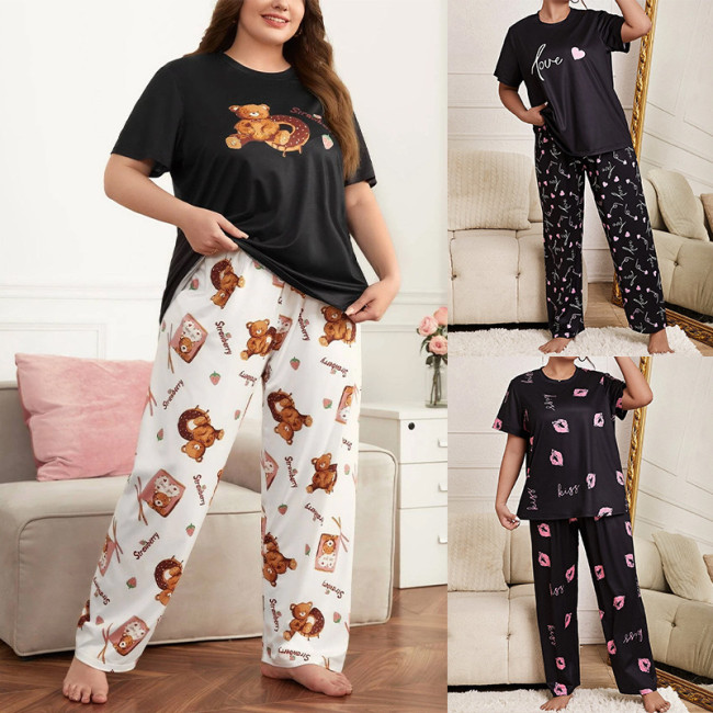 EVE Plus Size Cute Bear Printed T-Shirt Loose Pajamas Set GLSY-ZT0043