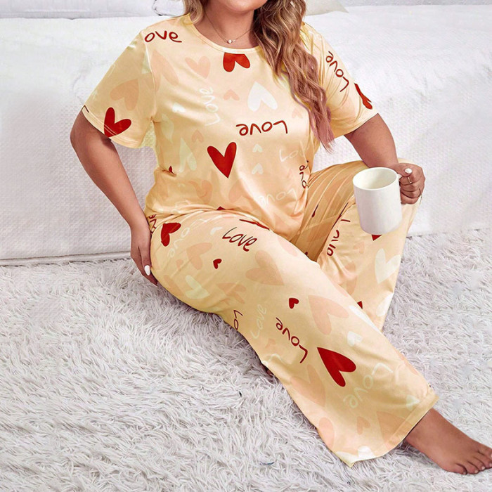 EVE Plus Size Love Pattern Short-sleeved T-shirt Loungewear Suit GLSY-ZT0047