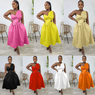 EVE Solid Color One Shoulder Petal Hollow Out Maxi Dress NY-10836