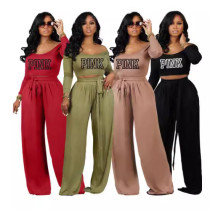 EVE PINK Letter Print Knits Tie Up Two Piece Pants Set YIM-MY312