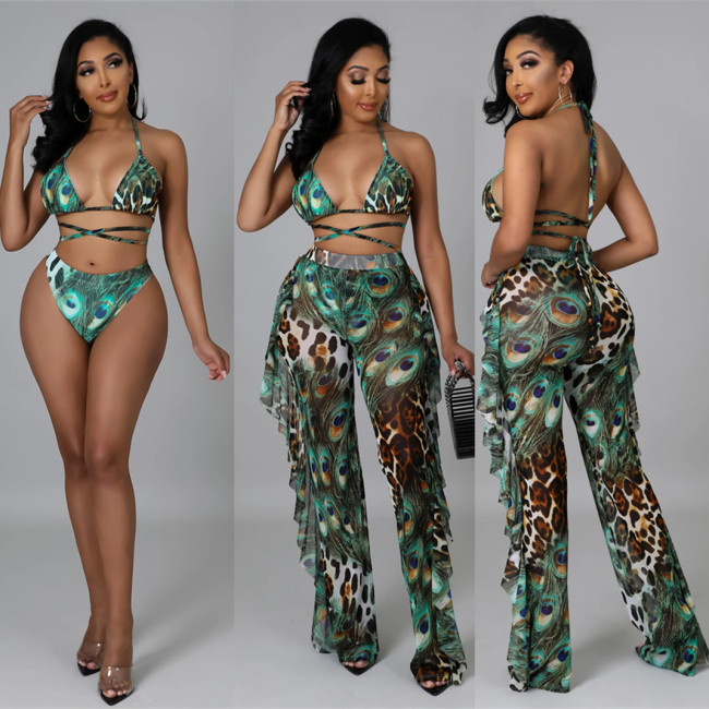 EVE Print Tie Up Bikinis+Pants Three Piece Swimsuit LSL-0007