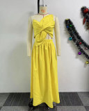 EVE Solid Color One Shoulder Petal Hollow Out Maxi Dress NY-10836