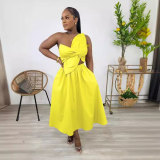 EVE Solid Color One Shoulder Petal Hollow Out Maxi Dress NY-10836