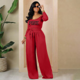 EVE PINK Letter Print Knits Tie Up Two Piece Pants Set YIM-MY312