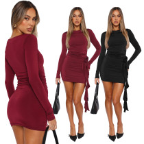 EVE Solid Color Long Sleeve Spliced Rose Flutter Mini Dress GXYF-H0388