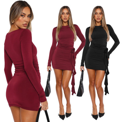 EVE Solid Color Long Sleeve Spliced Rose Flutter Mini Dress GXYF-H0388