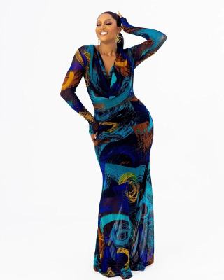 EVE Print Long Sleeve Slim Maxi Dress QODY-6043
