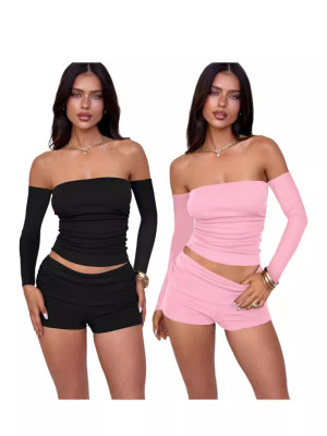 EVE Long Sleeve One Shoulder Slim Short Two Piece Set GXYF-H0407