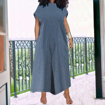 EVE Plus Size Stripe Print Sleeveless Loose Denim Maxi Dress GDAM-218527