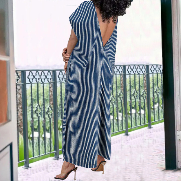 EVE Plus Size Stripe Print Sleeveless Loose Denim Maxi Dress GDAM-218527