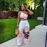 EVE Printed One Shoulder Slim Wide Leg Pants Two Piece Set NY-10831