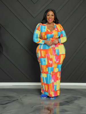 EVE Plus Size Print V Neck Maxi Dress GAWE-6290